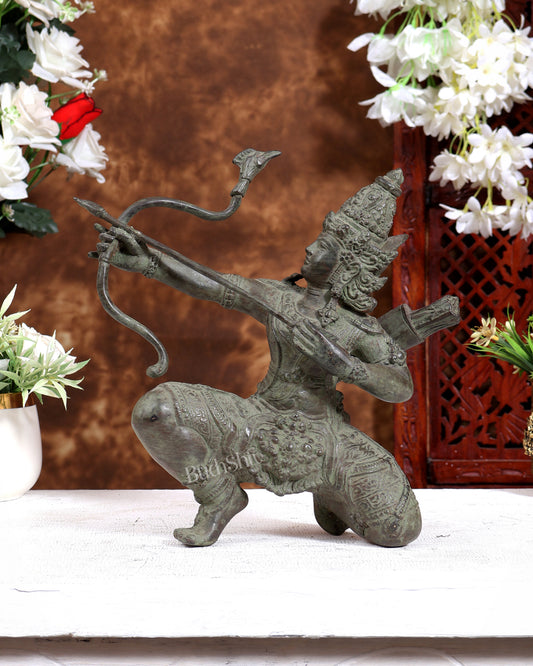 Balinese Bronze Lord Ram Final Arrow Sculpture | Kneeling Rama Defeating Ravana | Handcrafted Bronze Statue 10 inch