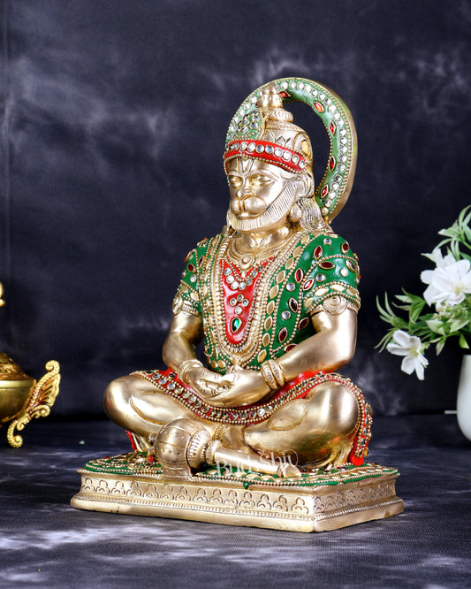 Brass Hanuman Ji in Meditation Statue (9 Inch ) meenakari