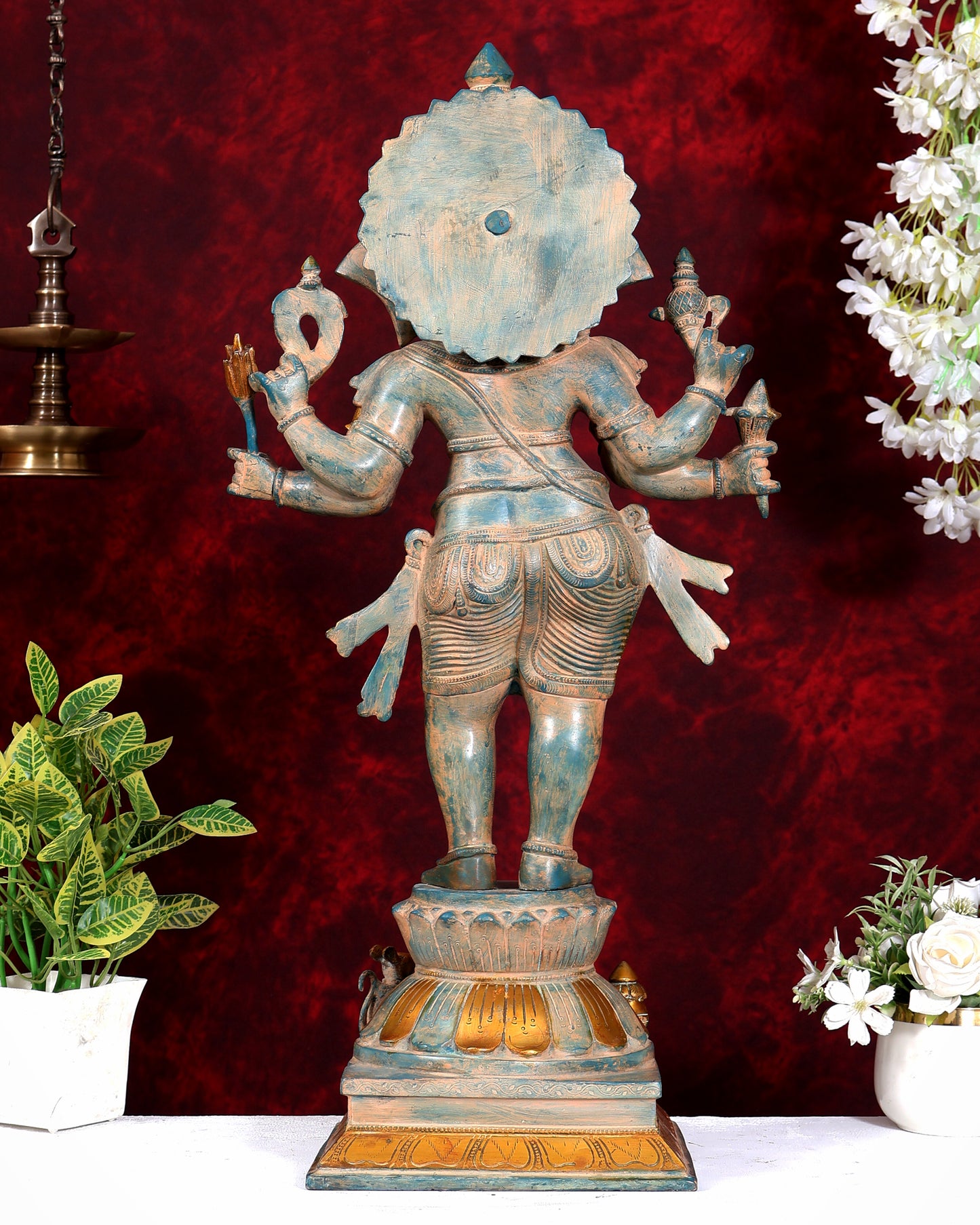 Vintage Brass Standing Ganesha Statue - 26" Tall blue patina