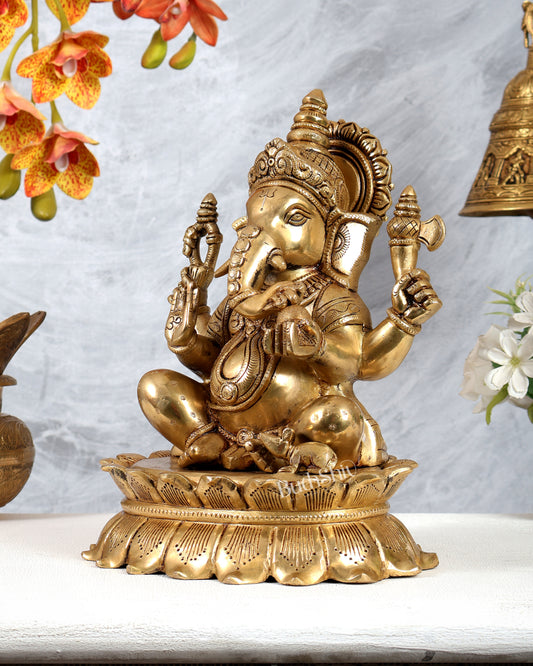 Brass Ganesha on Lotus Statue – Highly Detailed Divine Ganpati Idol (12 Inches)