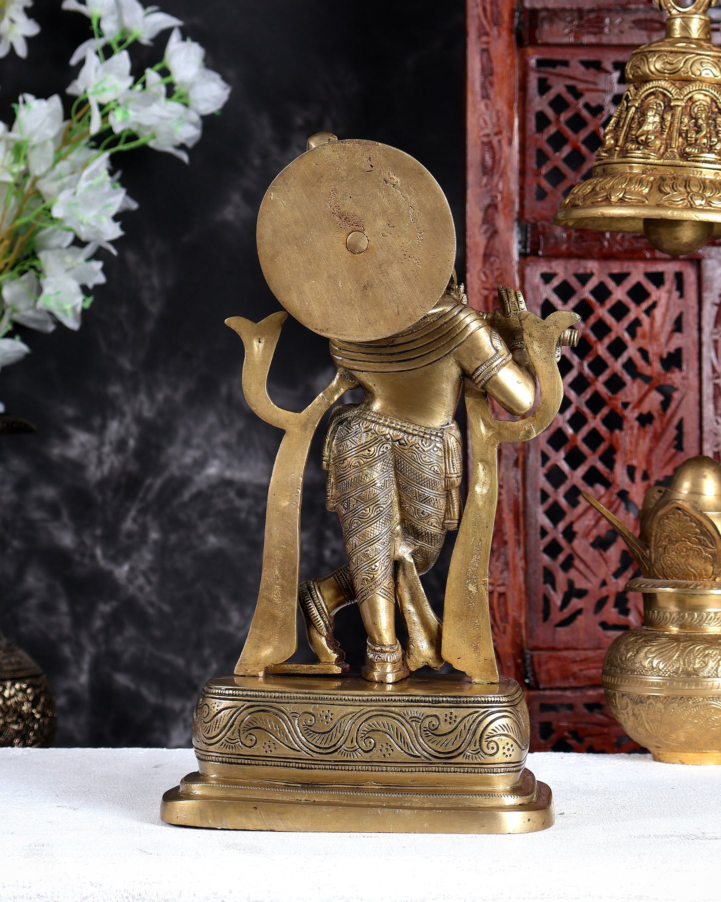Unique Brass Lord Krishna Statue in Antique Tone – Handcrafted Divine Sculpture 13.5 inch