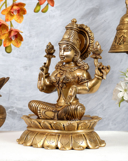Brass Goddess Lakshmi on Lotus Statue – Highly Detailed Mahalakshmi Idol (12 Inches)