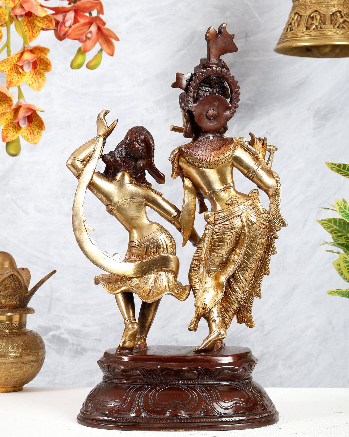 Brass Dancing Radha Krishna Statue – Dual Tone Finish Divine Sculpture (16 Inches)