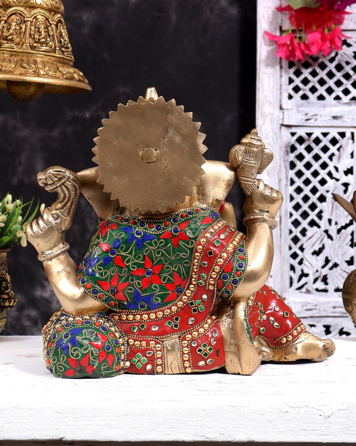Brass Resting Ganesha Statue with meenakari Stonework 10 inch
