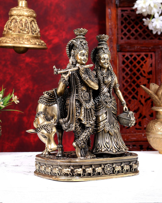 Brass Superfine Radha Krishna with Cow Statue | Highly Detailed 10 inch