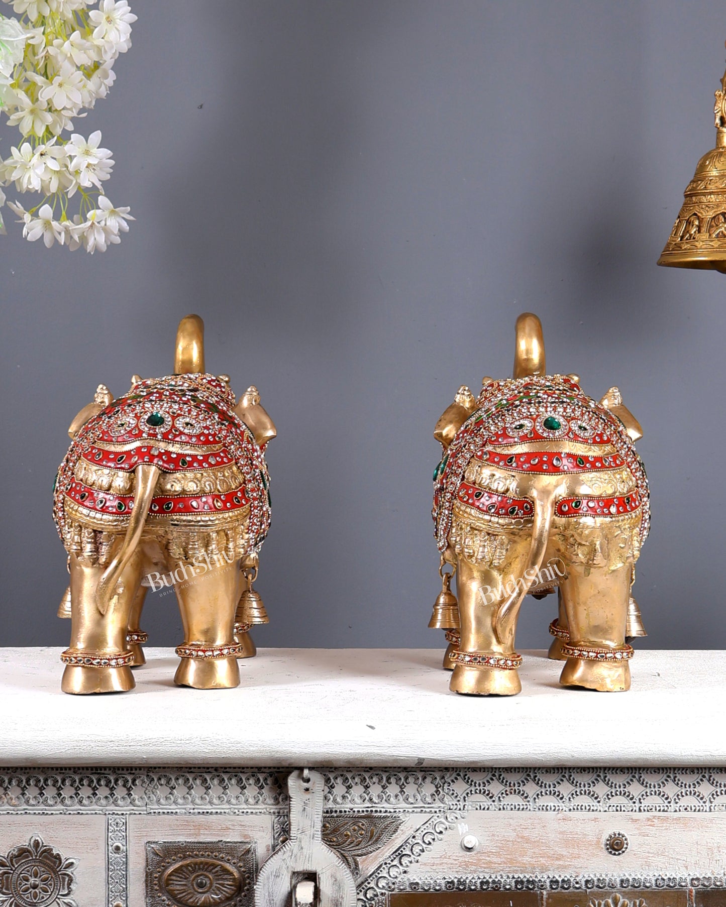 Brass Maharaja Elephant Pair – Rajasthani Meenakari & Stone Work Royal Décor Set (12.5 Inches)