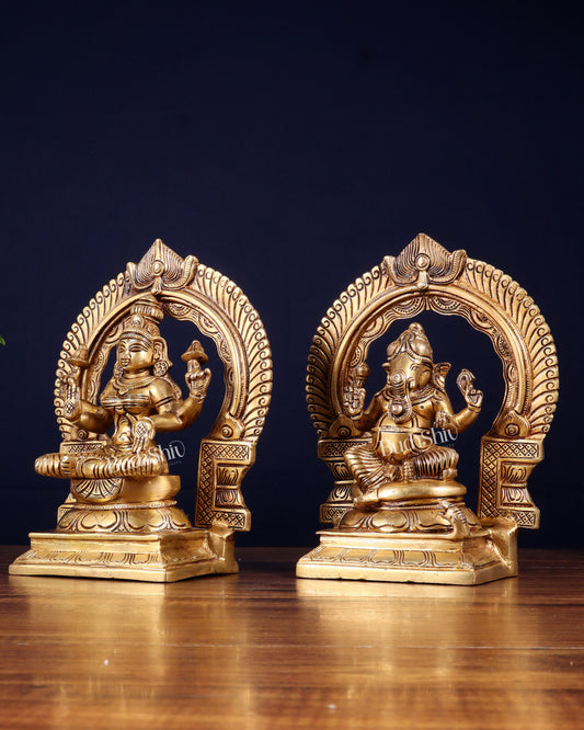 Brass Lakshmi Ganesha Idol Set with Prabhavali – Divine Arch Pair (8.5 Inches Each)