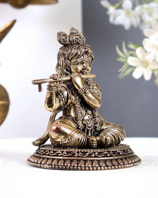 Brass Superfine Baby Krishna Sitting Playing Flute Idol – Handcrafted Smiling Bal Gopal Statue 5 inch