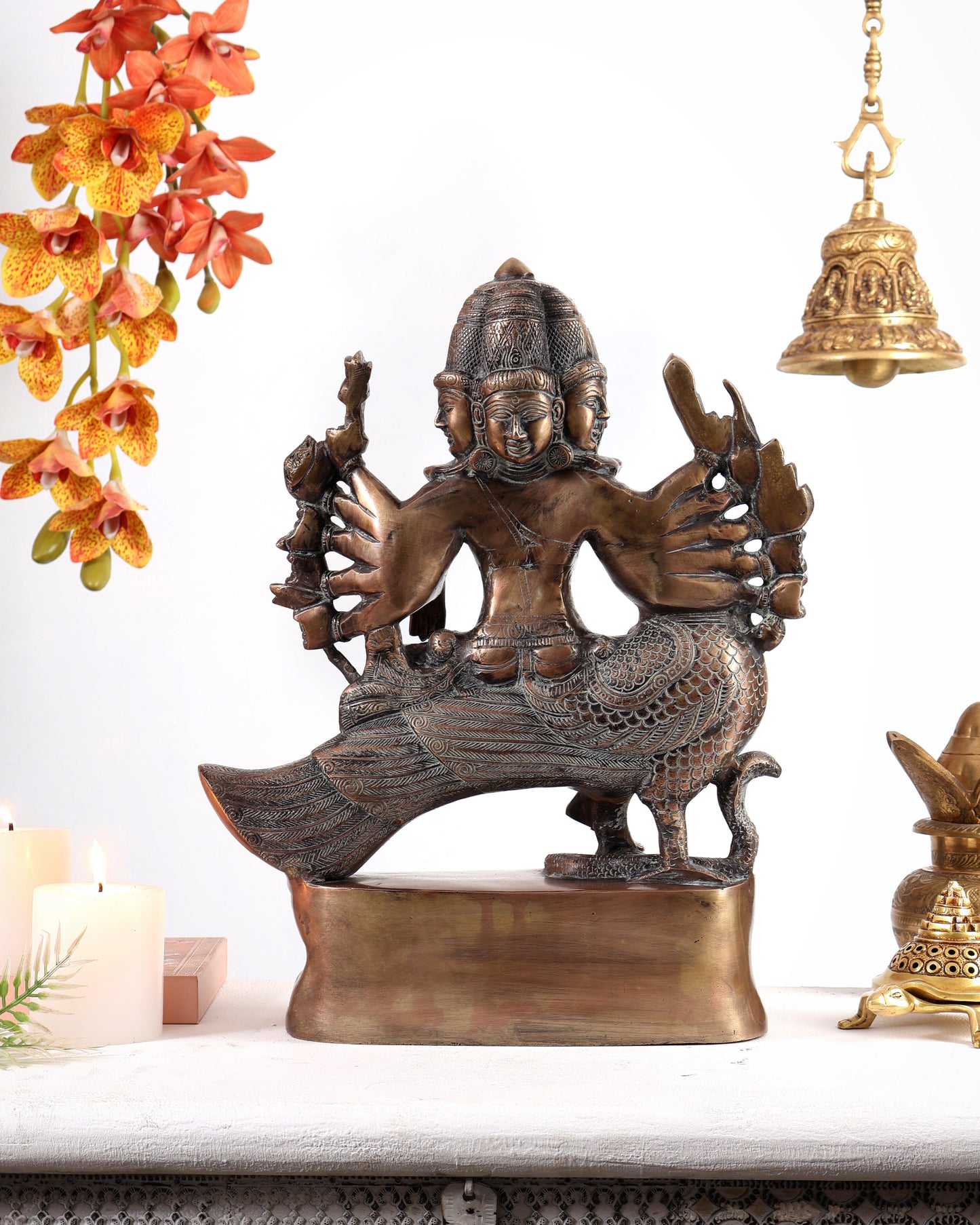 Pure Brass Large shanmurugan Sitting on a Peacock – Kartikeya Swamy Idol 16" antique finish