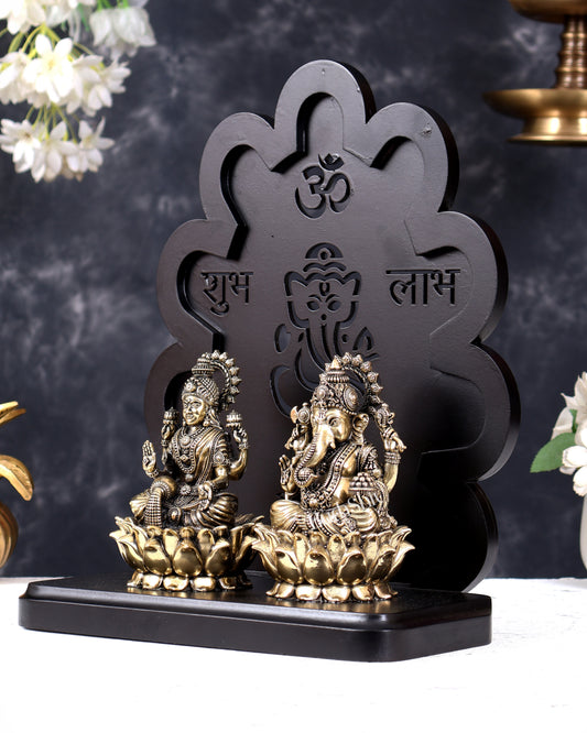 Brass Ganesha Lakshmi Idols on MDF Temple Frame — Shubh Labh Design, Perfect Diwali Gift 12 inch