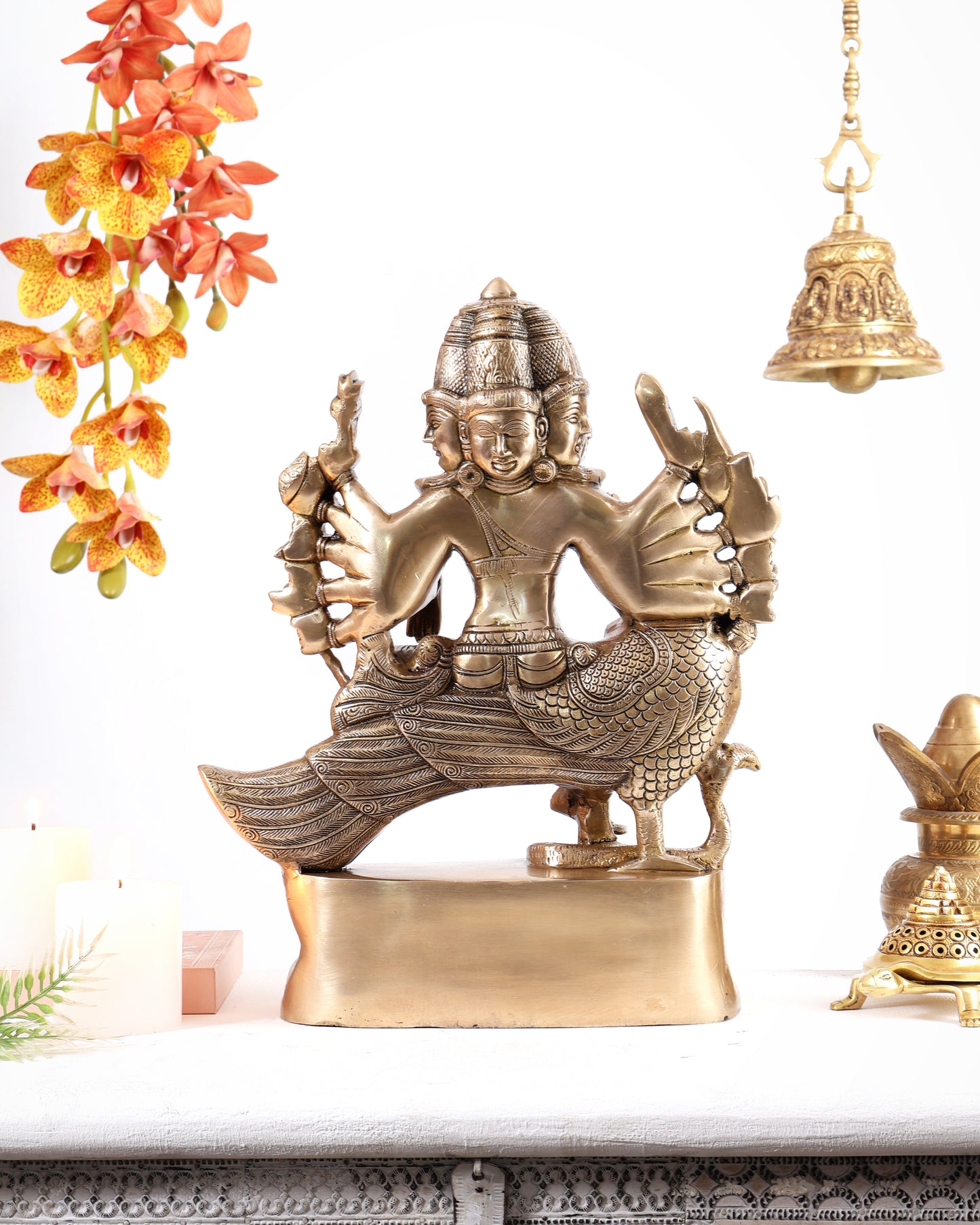 Pure Brass Large Aarumugam Murugan Sitting on a Peacock – Kartikeya Swamy Idol 16"