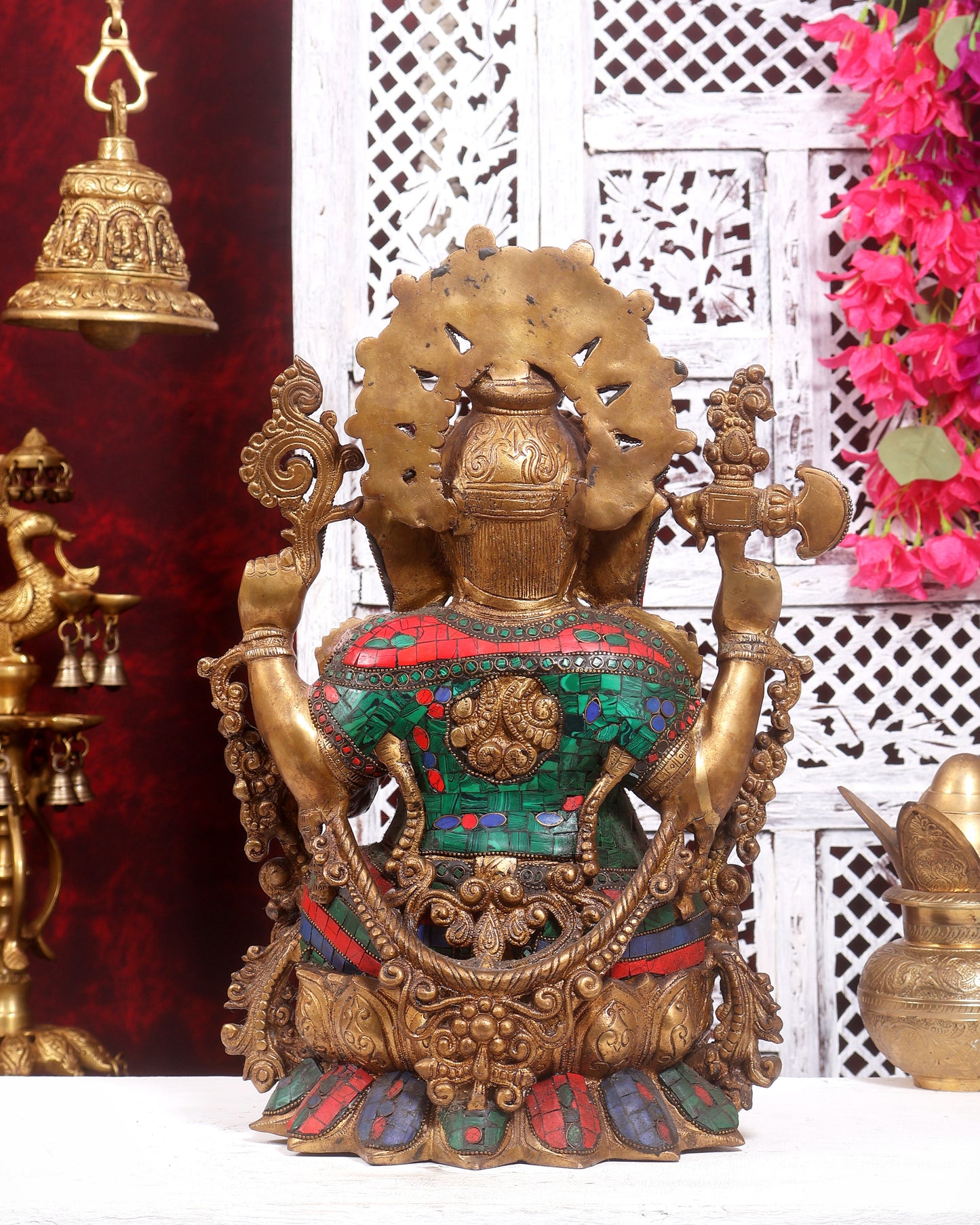 Brass Ganesha Idol antique tone with stonework 16 inch