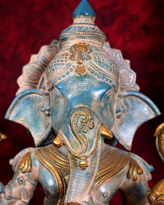 Vintage Brass Standing Ganesha Statue - 26" Tall blue patina