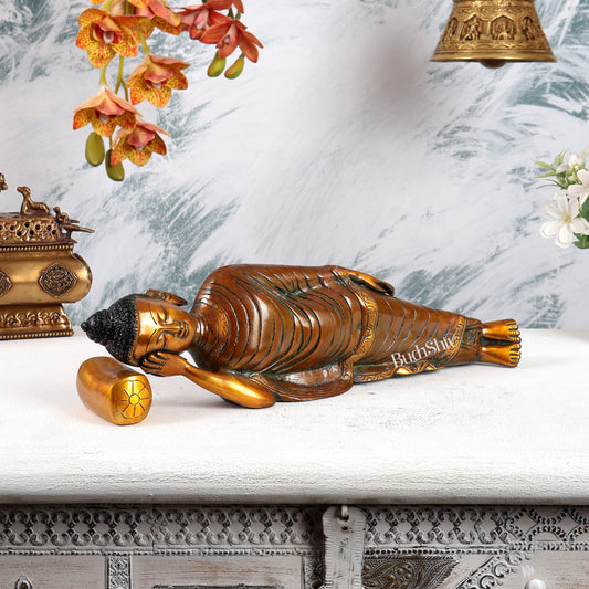 Brass Sleeping Buddha Statue – Double Chola Tone Peaceful Reclining Sculpture (13 Inches)