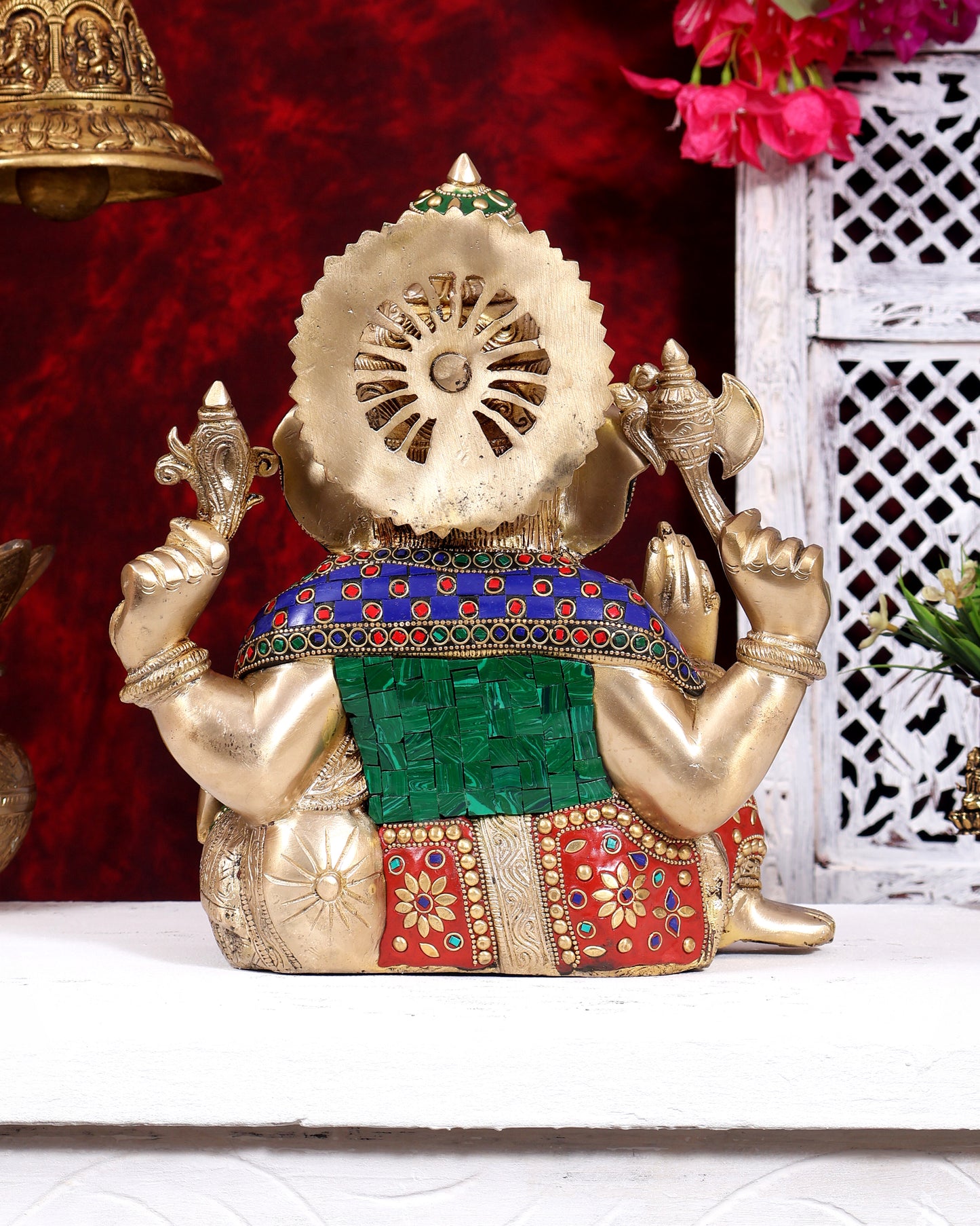 Brass Resting Ganesha Statue – Unique Relaxed Pose Divine Sculpture (11 Inch) with meenakari