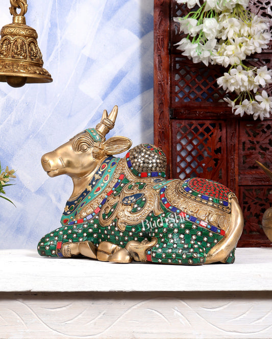 Superfine Brass Sitting Nandi Statue - 13.5 inch with Stonework