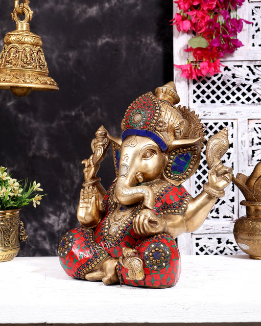 Ganesha Brass Idol with Mosaic Stonework - 12 inch