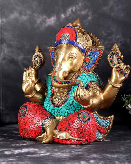 Brass Superfine Ganesha Statue with Stonework – 13.5 Inch