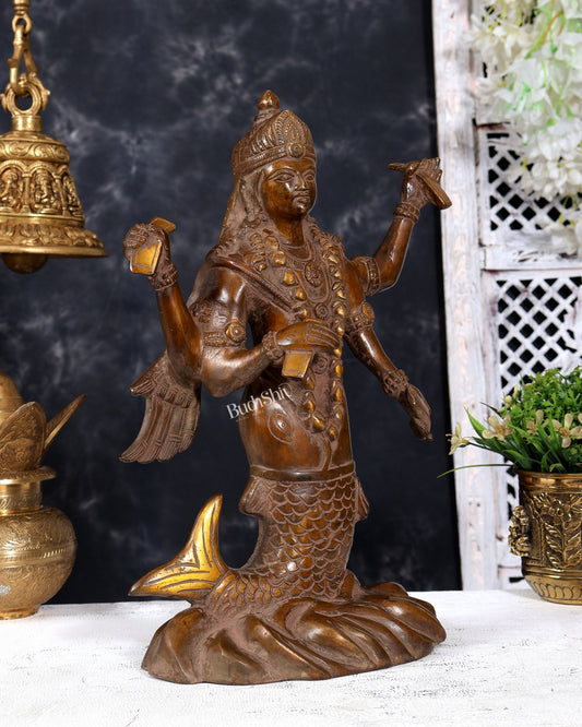 Pure Brass Matsya Vishnu Avatar Statue | Vintage Finish Divine Sculpture (14 Inch)