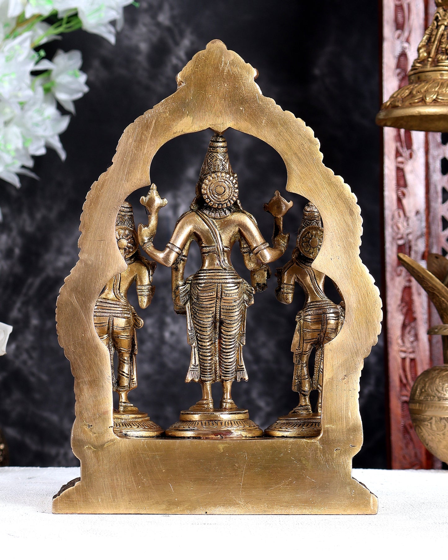 Brass Lord Vishnu with Bhudevi & Sridevi Idol with Ornate Frame – Handcrafted Divine Sculpture 10 inch