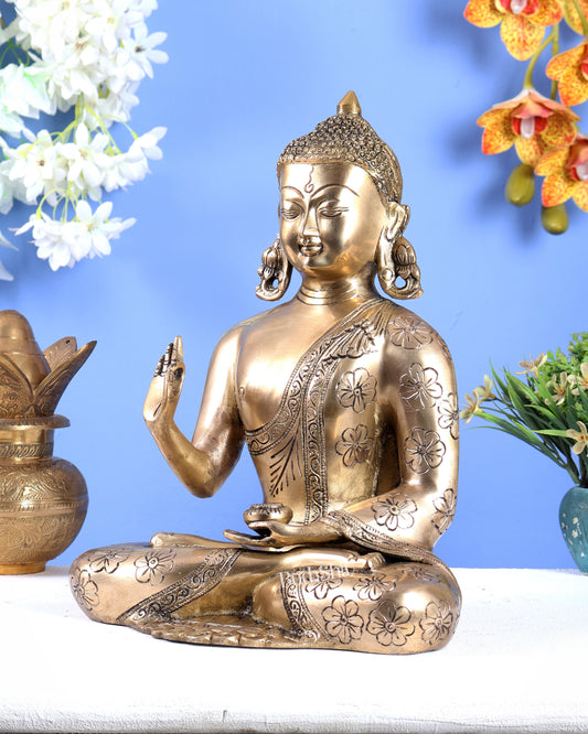 Handmade Brass Buddha Statue with Floral Hand Carvings – Divine Meditation Sculpture (12 Inches)
