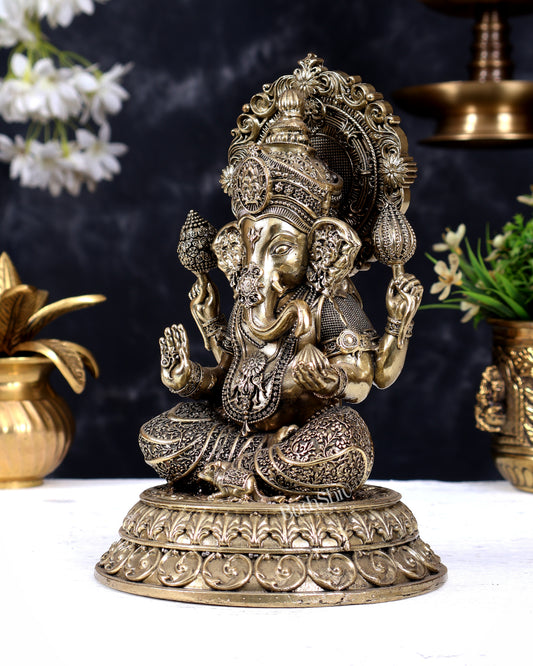 Brass Superfine Cross-Legged Ganesha Statue with Aureole 8 inch