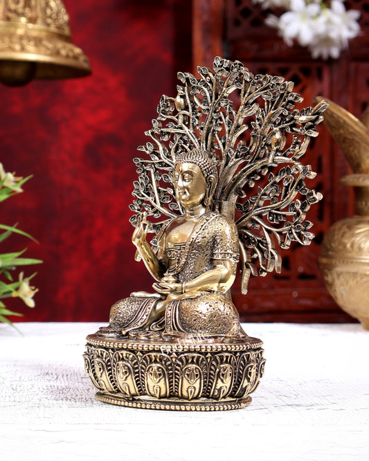 Brass Superfine Buddha with Bodhi Tree Idol | Pure Brass Buddhist Miniature Sculpture 6 inch