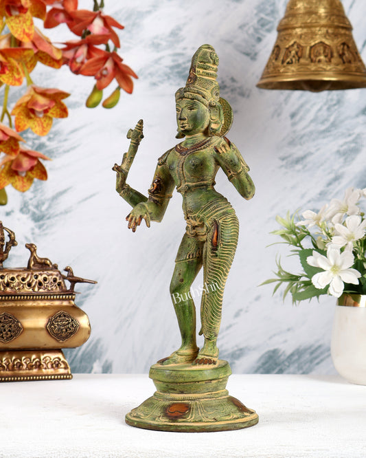 Vintage Brass Ardhanarishwara Idol – Green sand Tone Shiva Shakti Sculpture (11.2 Inch)