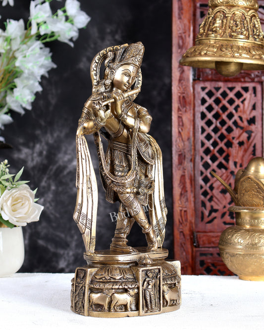 Unique Brass Lord Krishna Statue with Long Matted Hair – Handcrafted Divine Sculpture 12 inch