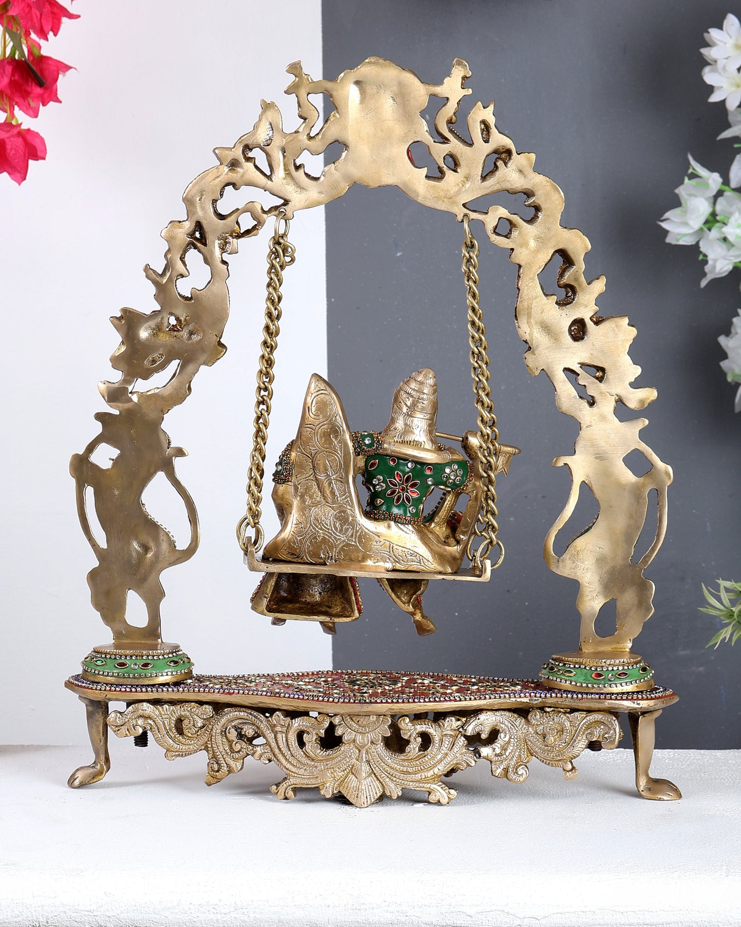 Handcrafted Brass Radha Krishna on Swing idol 18 inch with meenakari Stonework
