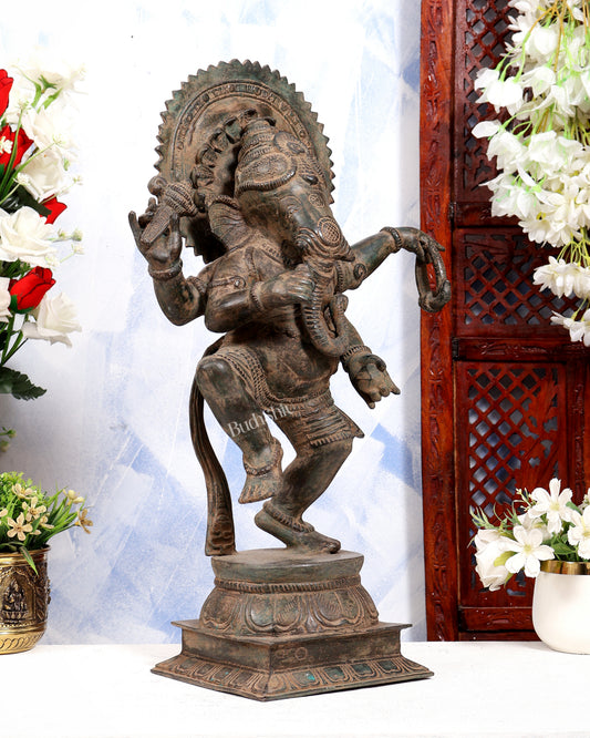 Bronze Dancing Ganesha Statue | Nritya Ganapati | Vintage Patina Tone | Handcrafted Bronze Sculpture 20.5 inch