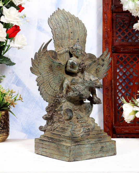 Vintage Indonesian Bronze Lord Vishnu Seated on Garuda Vahana Sculpture 13" green patina
