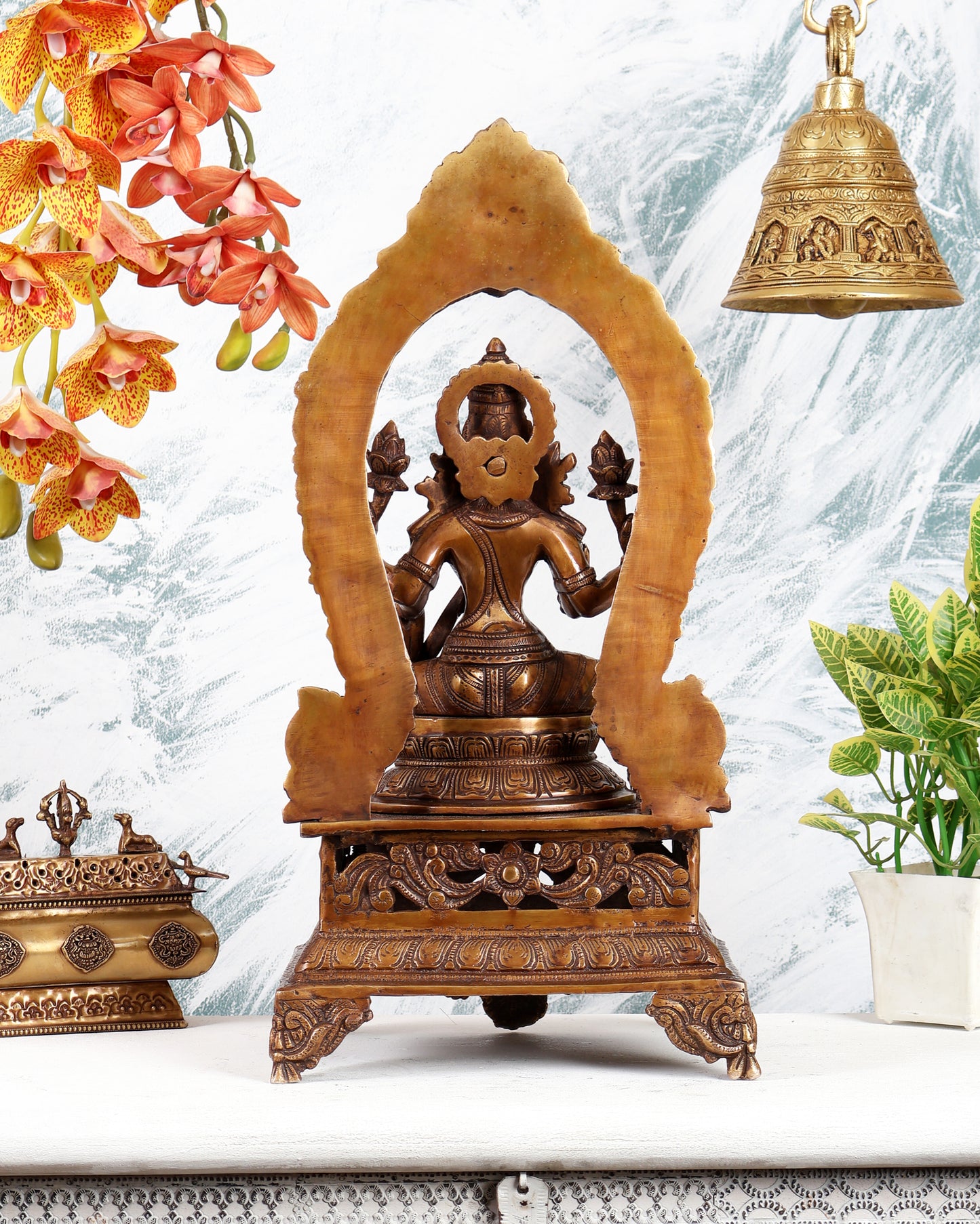 Antique Brass Goddess Lakshmi on Singhasan with Two Elephants – Grand Divine Prosperity Sculpture (20.5 Inches)