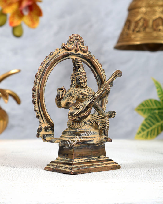 Brass Traditional Goddess Saraswati Idol – Vintage Copper Sand Finish Miniature Statue (4.3 Inches)