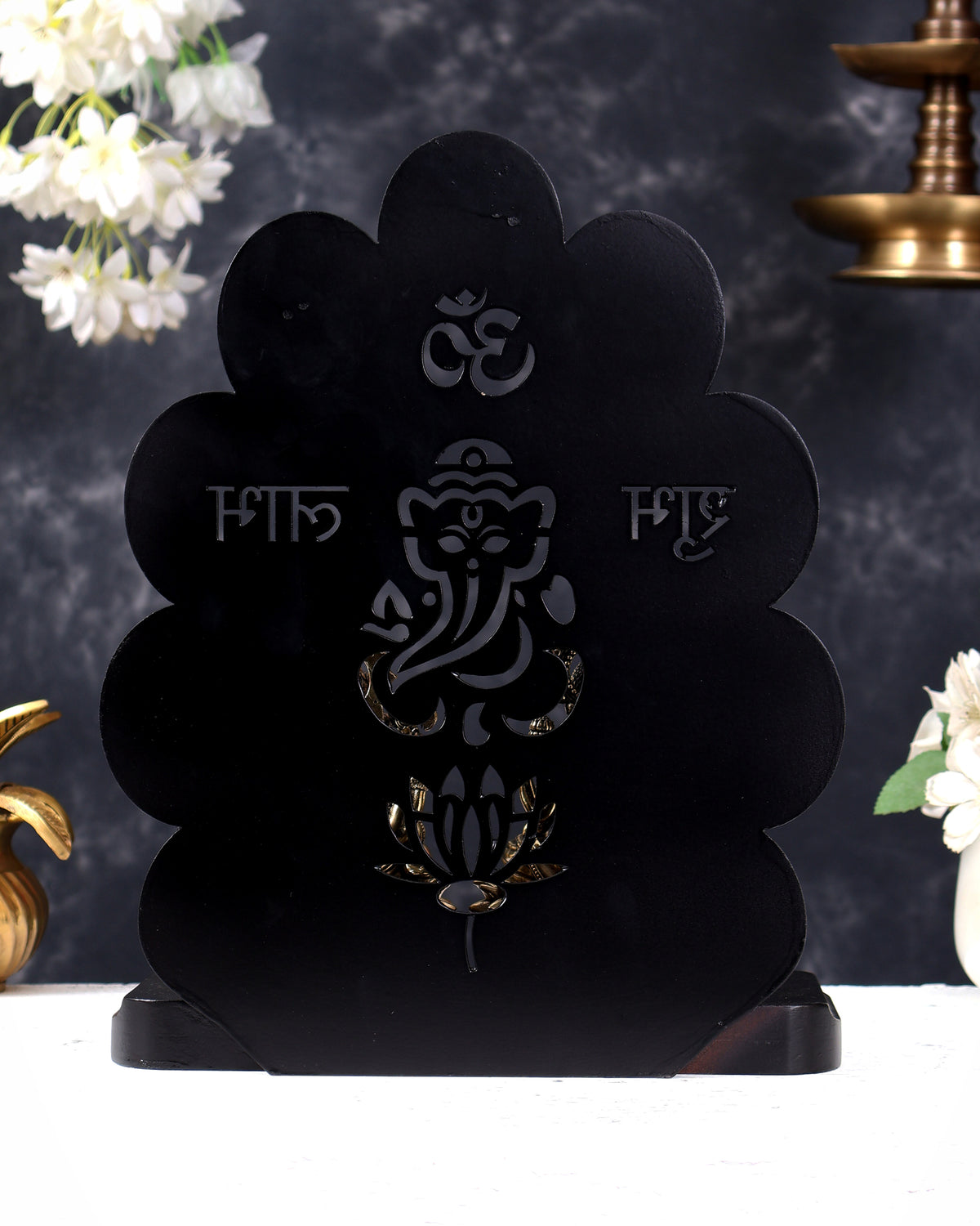 Brass Ganesha Lakshmi Idols on MDF Temple Frame — Shubh Labh Design, Perfect Diwali Gift 12 inch