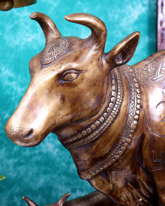 Pure Brass Large cow Statue with calves with carvings 29 inch Antique tone with carvings