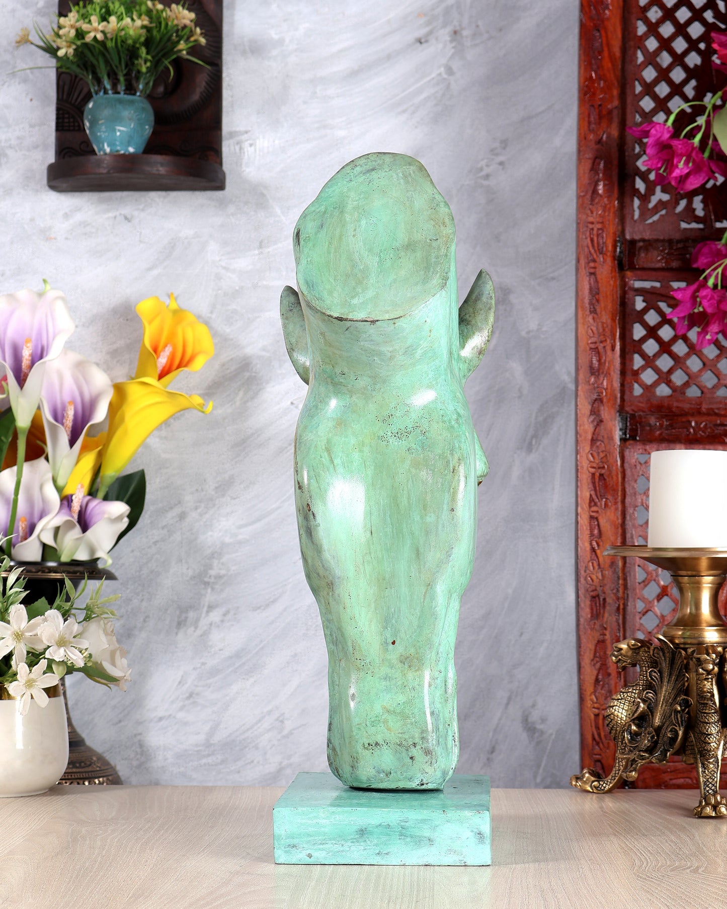Verdigris Patina Horse Face Décor Artefact – Handcrafted Artistic Statement Sculpture 17.5 inch