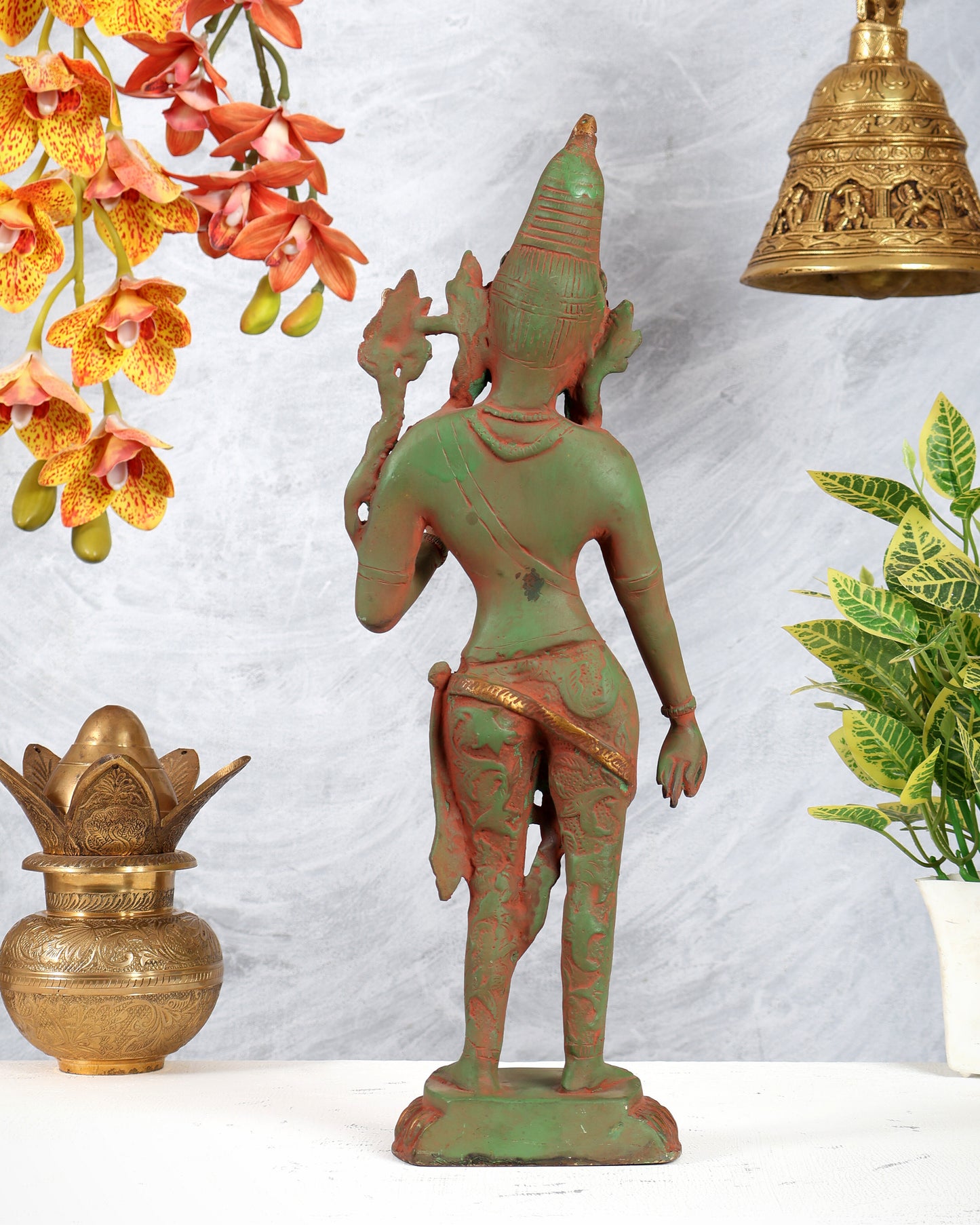 Vintage Brass Standing Green Tara Statue – Antique Patina with Red Sand Finish (16.2 Inches)