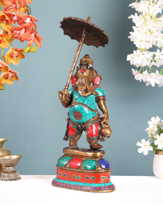 Handcrafted Brass Ganesha Statue with umbrella and kamandal | 15"