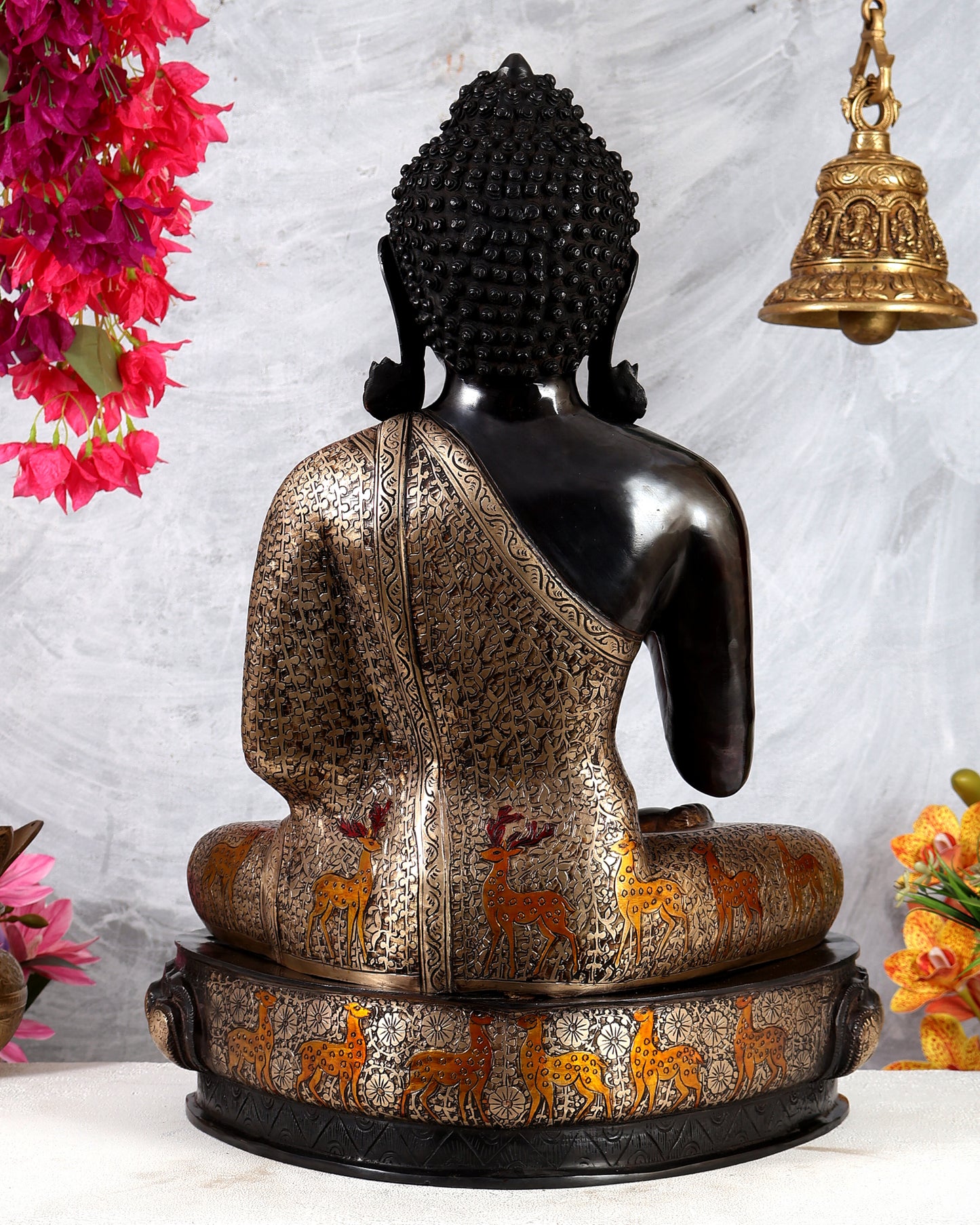 Brass Handcrafted Buddha Statue in Black Tone with Mandala, Mantra & Deer Motifs – Grand Meditation Sculpture (23 Inches)