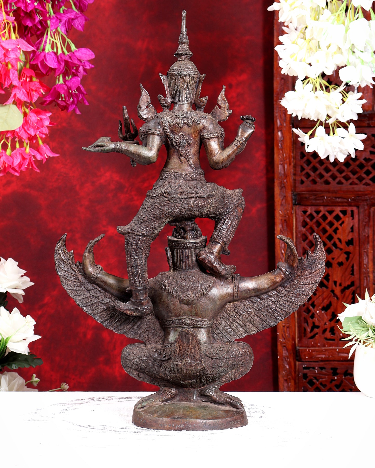 Thai Bronze Vishnu Standing on Flying Garuda Sculpture 20 inch