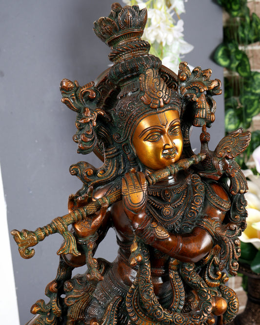 Brass large Krishna with cow statue 29 inch Antique bronze tone