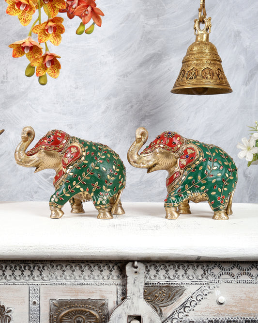 Brass Elephant Statue with meenakari 7" pair