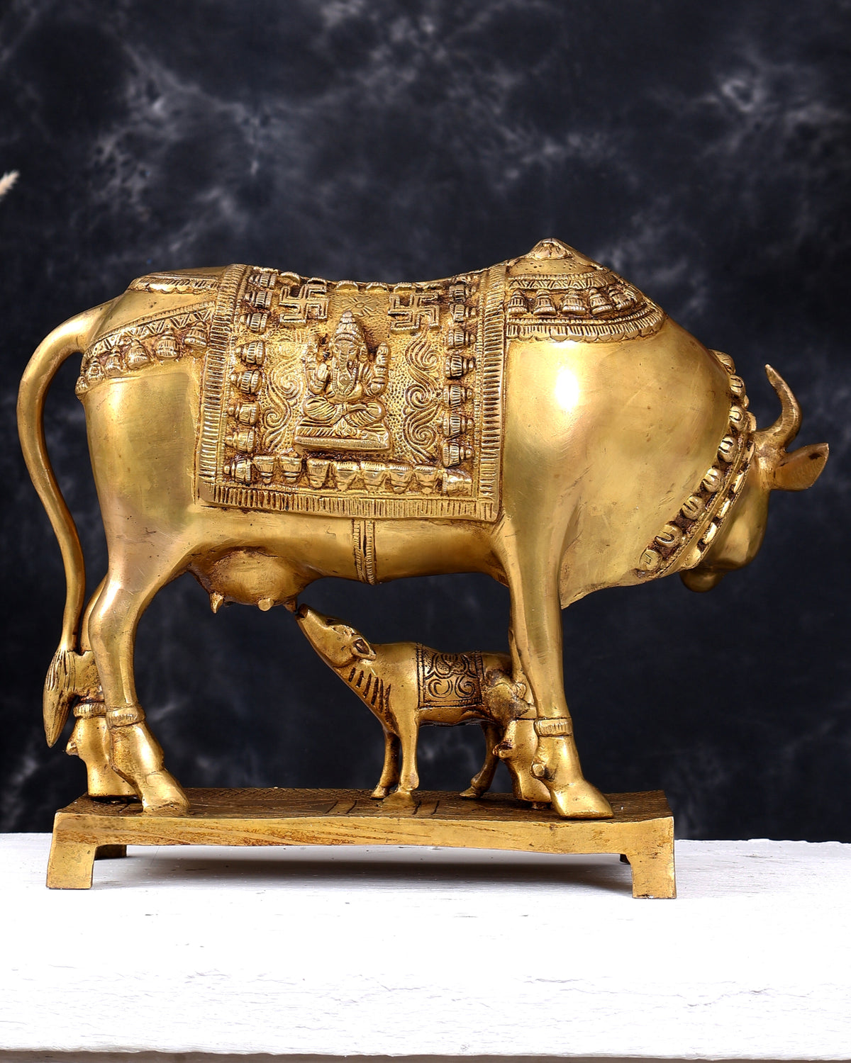 Brass Large Kamadhenu Cow with Calf — Ganesh Lakshmi Carvings 11 inch