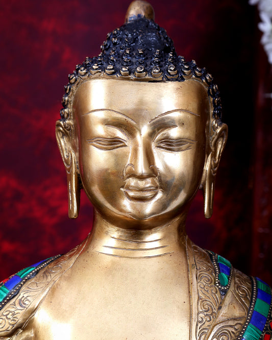 Brass Buddha Statue in Bhoomisparsha Mudra with Medicine Bowl - 21.5 Inch stonework