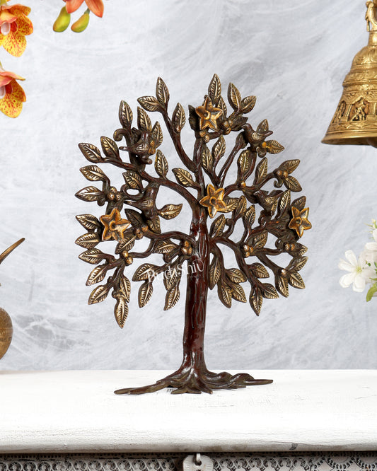 Brass Kalpavriksha Tree Standing Sculpture – Dual Tone Antique Finish Décor (13 Inches)
