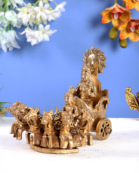 Brass Surya Dev Rath with Seven Horses – Divine Sun God Chariot Statue 7"