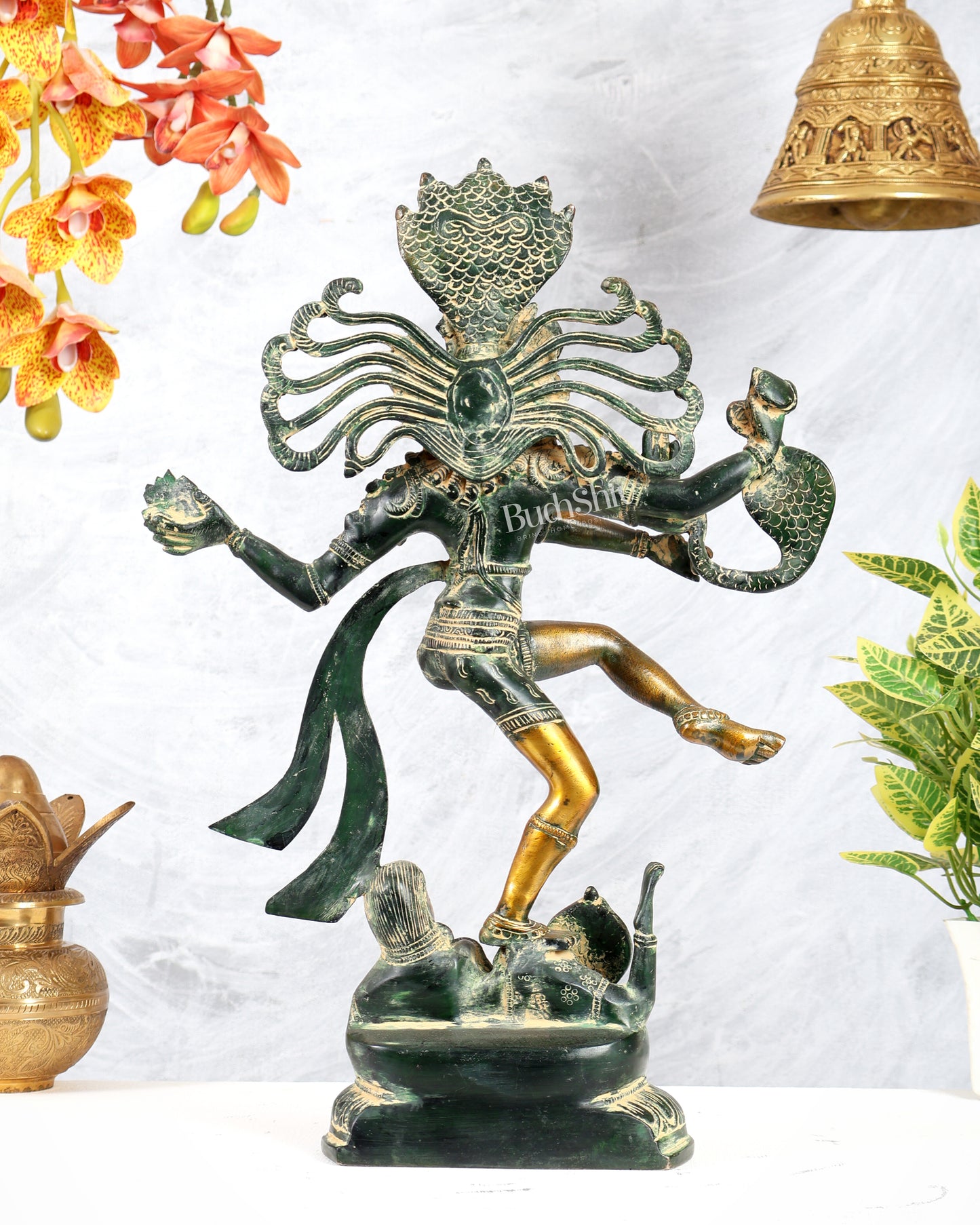Brass Dancing Shiva Nataraja Statue Without Fire Ring – Vintage Henna Green Sand Finish (17.5 Inches)