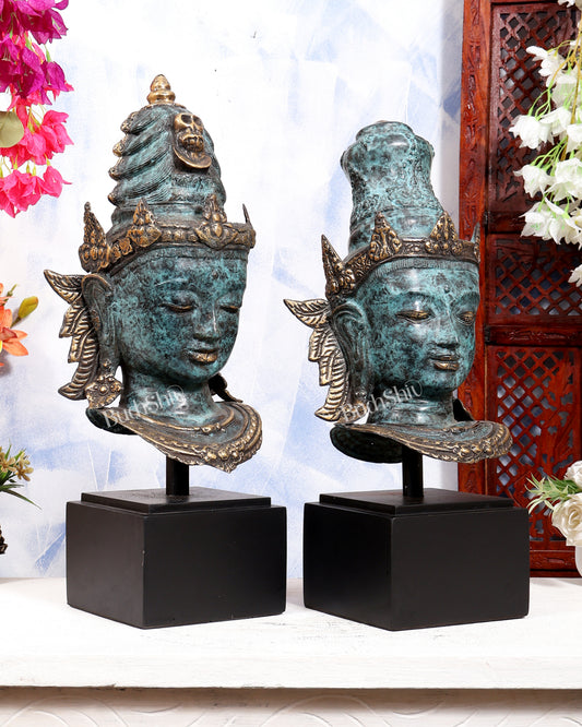 Balinese Bronze Shiva & Parvati Bust Face Sculptures | Divine Pair on Wooden Base | Metal Stand Included 20 inch