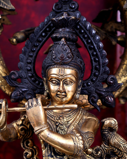 Dual Tone Brass Krishna with Cow Under Large Tree | 22 Inch Statue